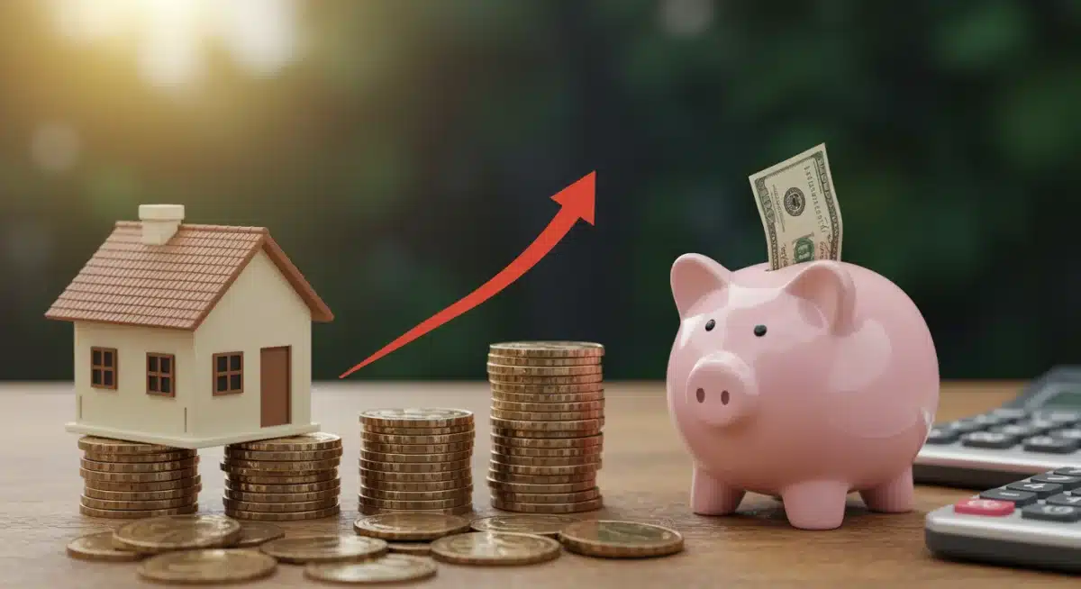 House on coins with rising mortgage costs and overflowing piggy bank for savings