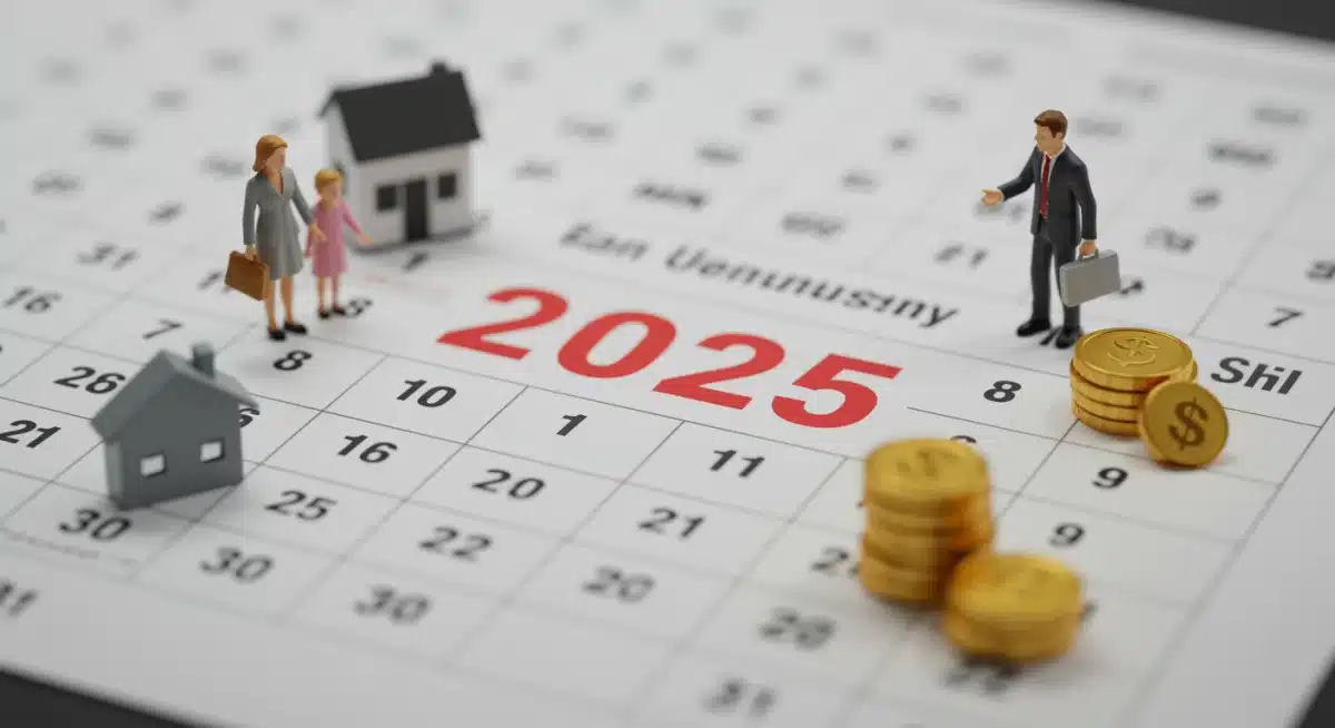 Calendar highlighting 2025 with family and work icons.