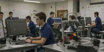 Students engaging with technology in a modern CTE classroom, highlighting hands-on learning and skill development.