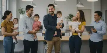 New Parental Leave Benefits 2025: Extended Time Off Guide Parents with babies and toddlers in a modern office setting.