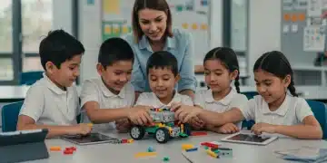 Children building robots in a modern STEM classroom