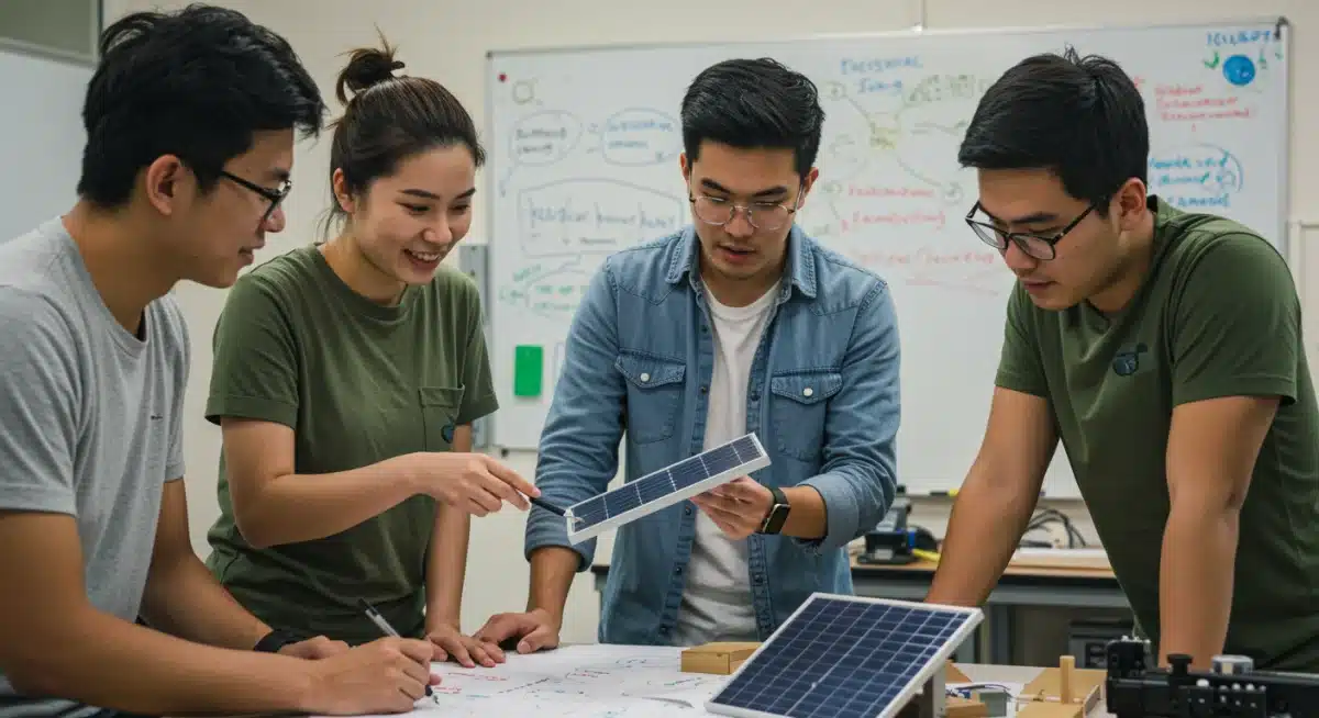 Students collaborating on a renewable energy project, demonstrating practical application of green skills in CTE.
