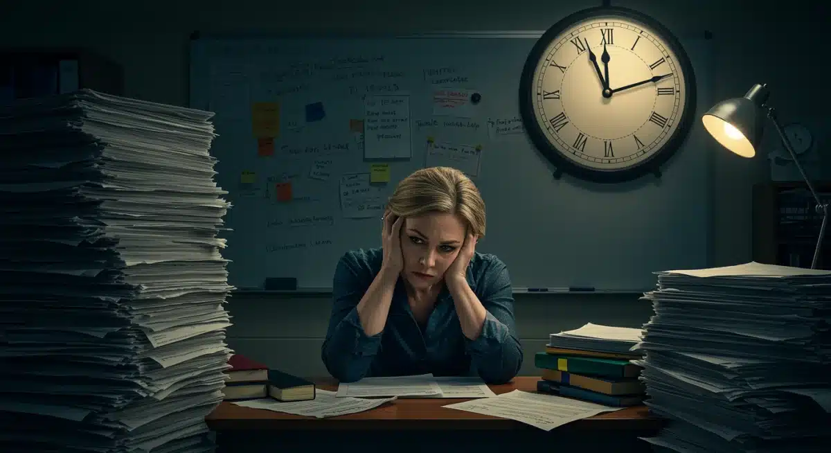 Illustration of a stressed teacher surrounded by paperwork, symbolizing challenges in the profession.