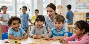 Children happily learning and playing in a vibrant kindergarten classroom.