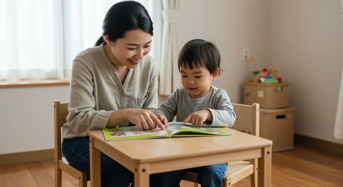 Parent and child reading a book together, fostering early literacy skills.