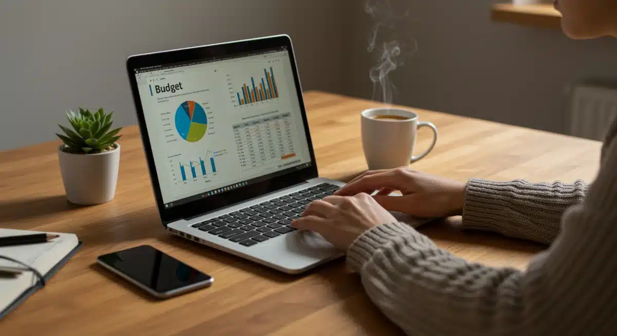 Person reviewing budget spreadsheet on laptop at desk