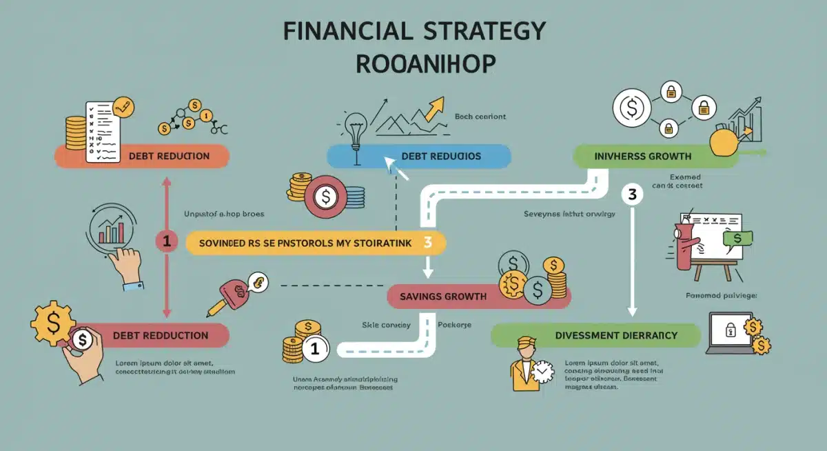 Financial strategy roadmap illustrating debt reduction, savings, and investment diversification over three months.