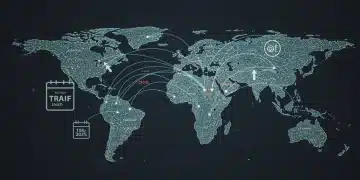 Global trade map with tariff symbols and 2025 calendar icon