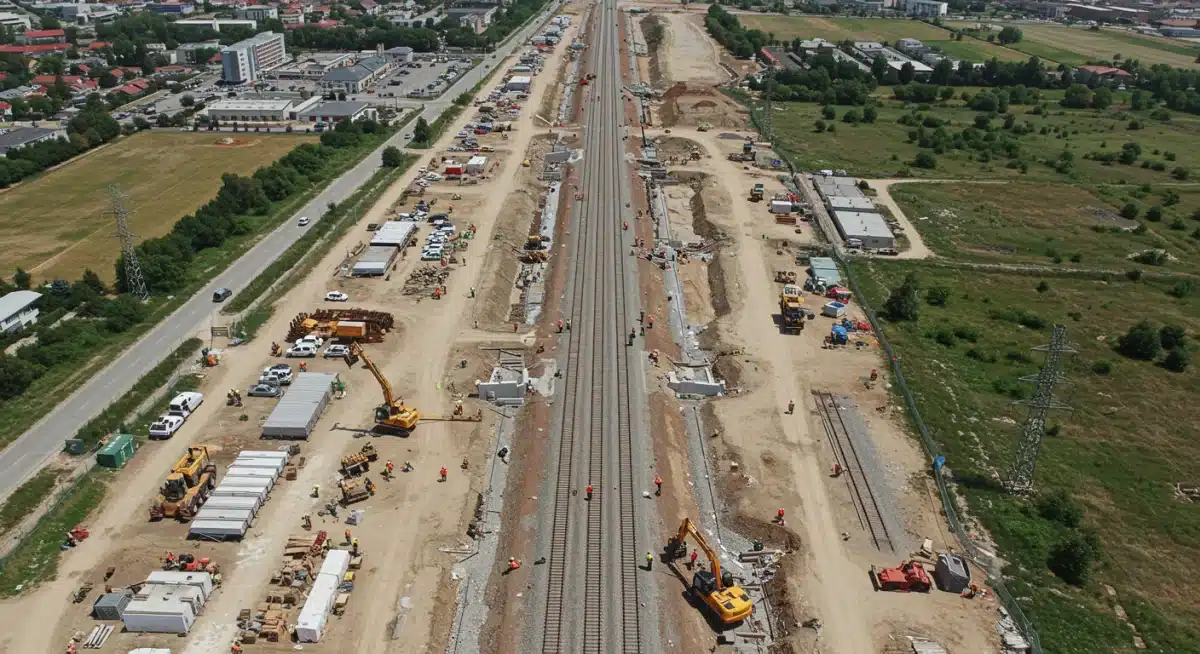 Aerial view of high-speed rail construction site with machinery and workers, illustrating infrastructure development.