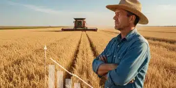 Farmer overlooking vast crop field with modern tractor, symbolizing agricultural policy impact.