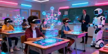 Students engaging with advanced educational technology in a futuristic classroom setting, illustrating EdTech trends 2026.