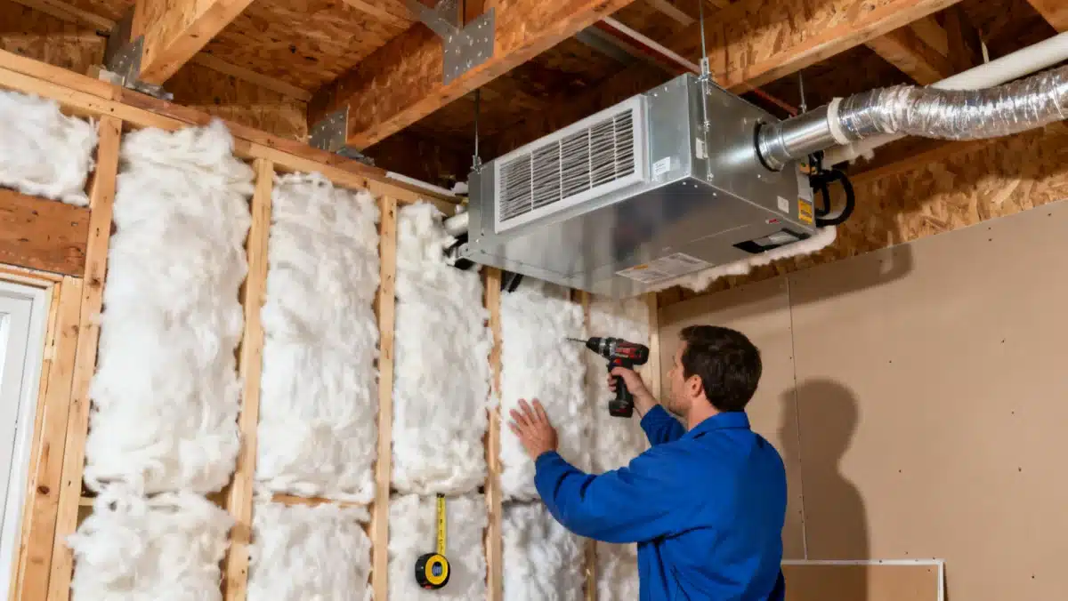 Technician installing energy-efficient HVAC system in a home