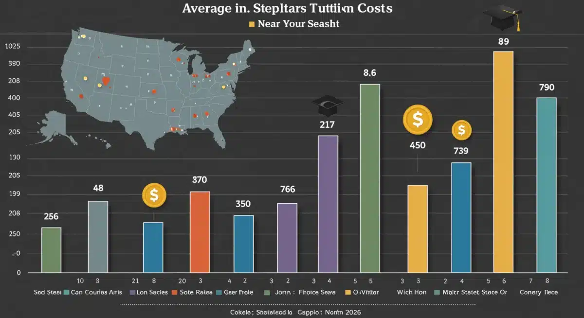 Infographic displaying a state-by-state comparison of average college tuition costs in the United States for 2026, highlighting financial disparities.