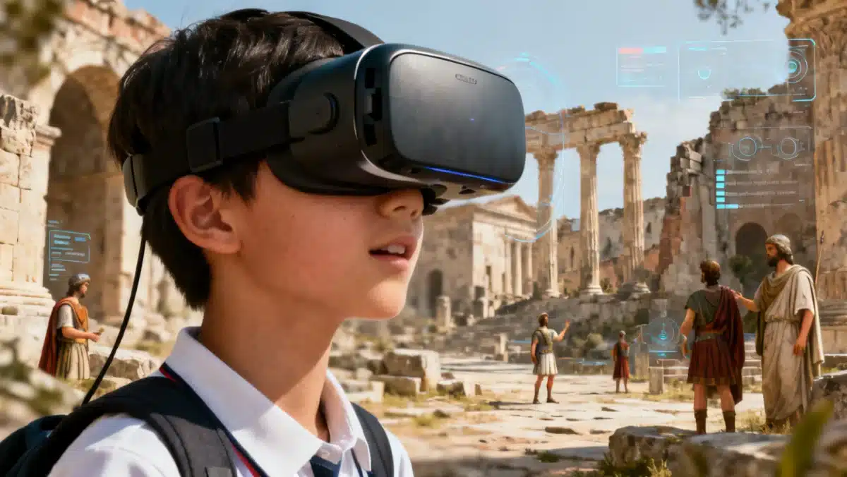 Student experiencing immersive virtual reality learning, exploring historical ancient ruins.