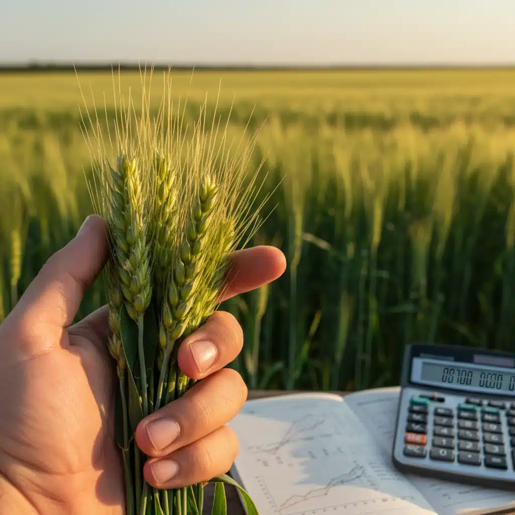 Hand holding wheat stalks with calculator in background, symbolizing agricultural finance.