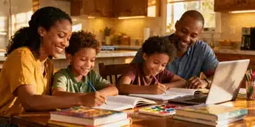 Diverse family engaged in homeschooling activity at kitchen table, learning together.