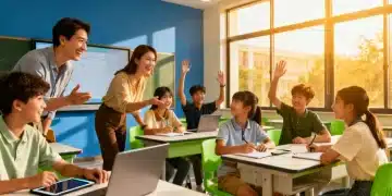 Teachers and students engaged in a vibrant modern classroom