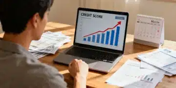 Woman optimizing credit score on laptop, aiming for 750+ in 6 months