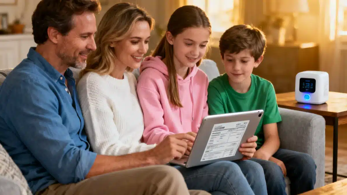 Family analyzing utility bills to identify savings opportunities with smart home technology