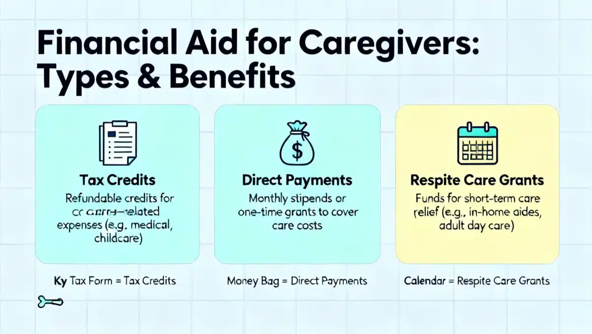 Infographic detailing financial aid options for caregivers in 2026