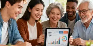 US High-Yield Savings Accounts 2026: Best 4.8% APY People happily reviewing financial data on a tablet, symbolizing smart savings and financial growth.