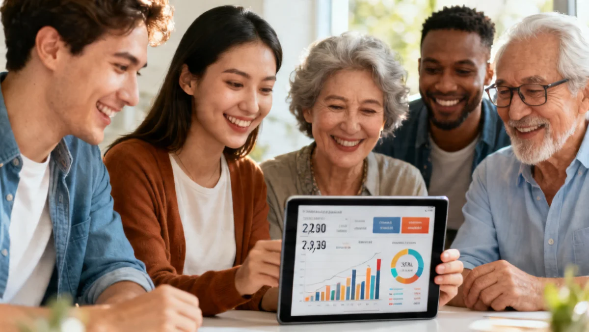 People happily reviewing financial data on a tablet, symbolizing smart savings and financial growth.