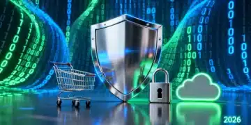 Digital shield protecting online shopping cart and data lock, symbolizing FTC consumer protection 2026