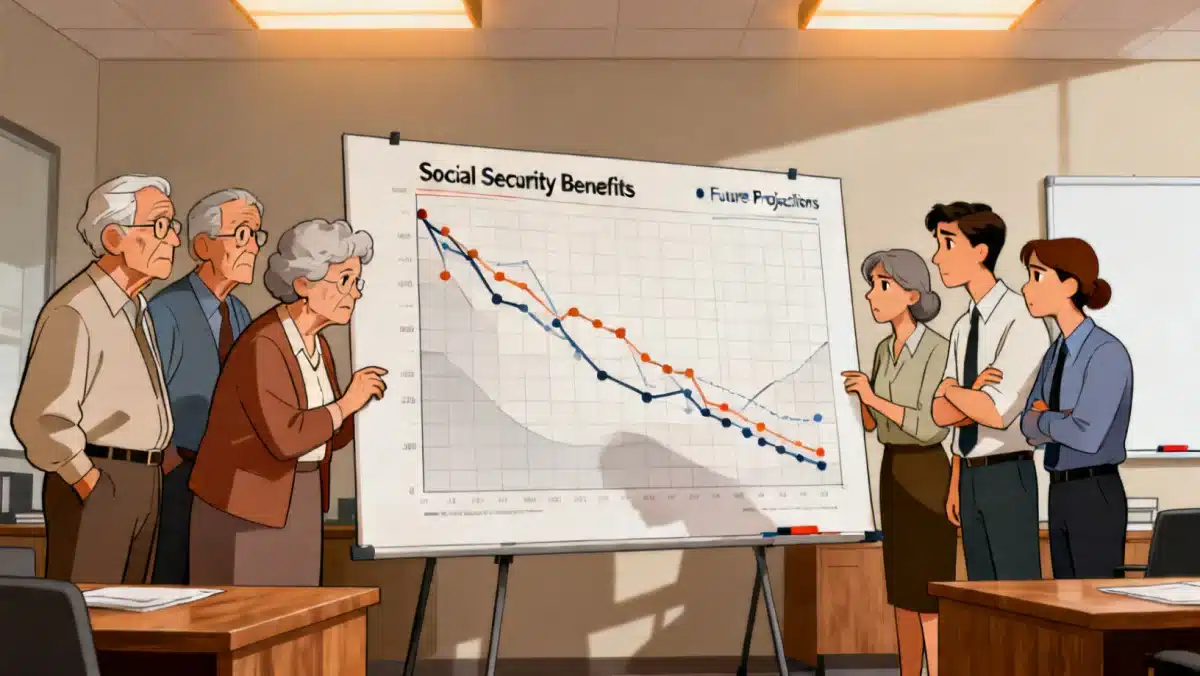 Generations discussing the future of Social Security and financial charts.