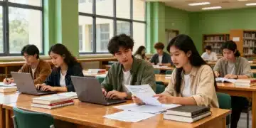 Students preparing for graduate school admissions in 2026, reviewing documents in a library.