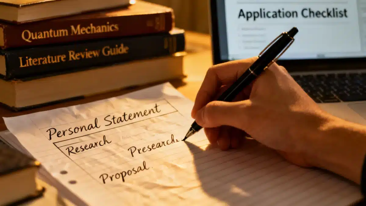 Student writing a personal statement for graduate school application.