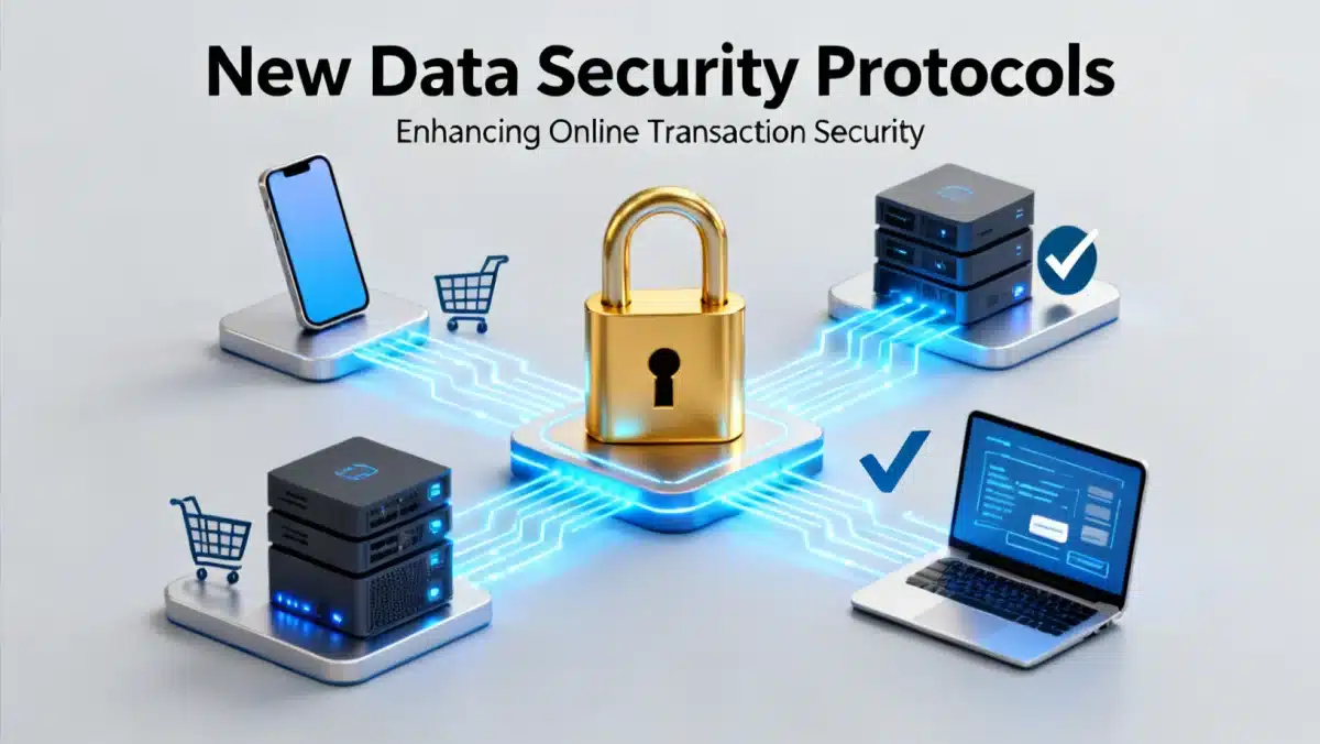 Secure data flow with lock icon, illustrating enhanced online security measures for consumers