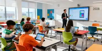 Students engaged with technology in a modern classroom, symbolizing future education