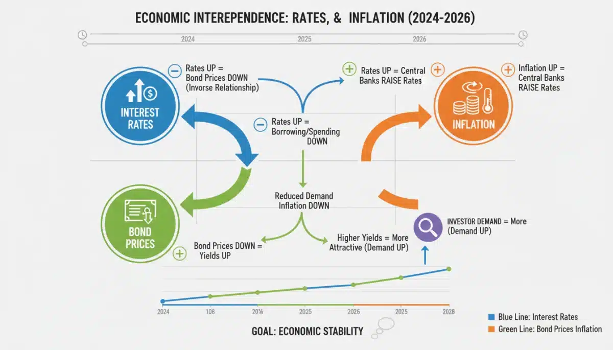 Infographic showing interest rates, bond prices, and inflation interaction for 2026.