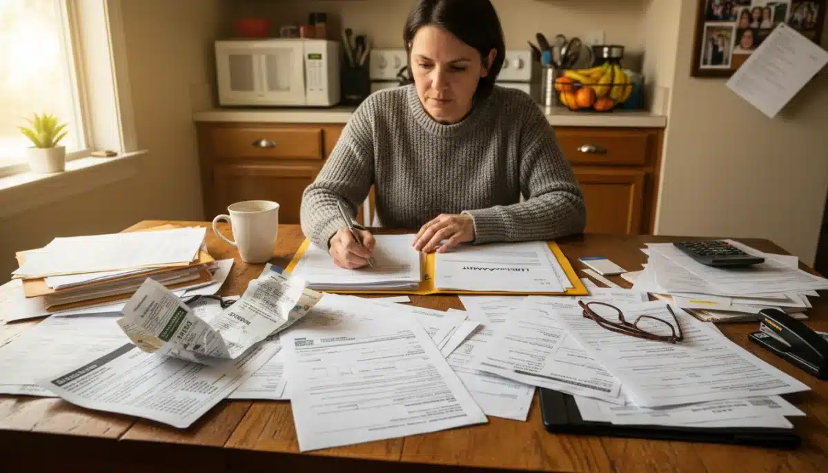 Person reviewing LIHEAP application documents and utility bills