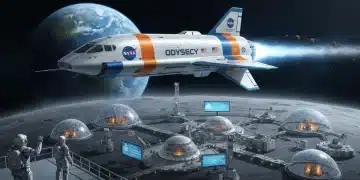 NASA spacecraft launching from lunar base in 2026, symbolizing new space exploration missions