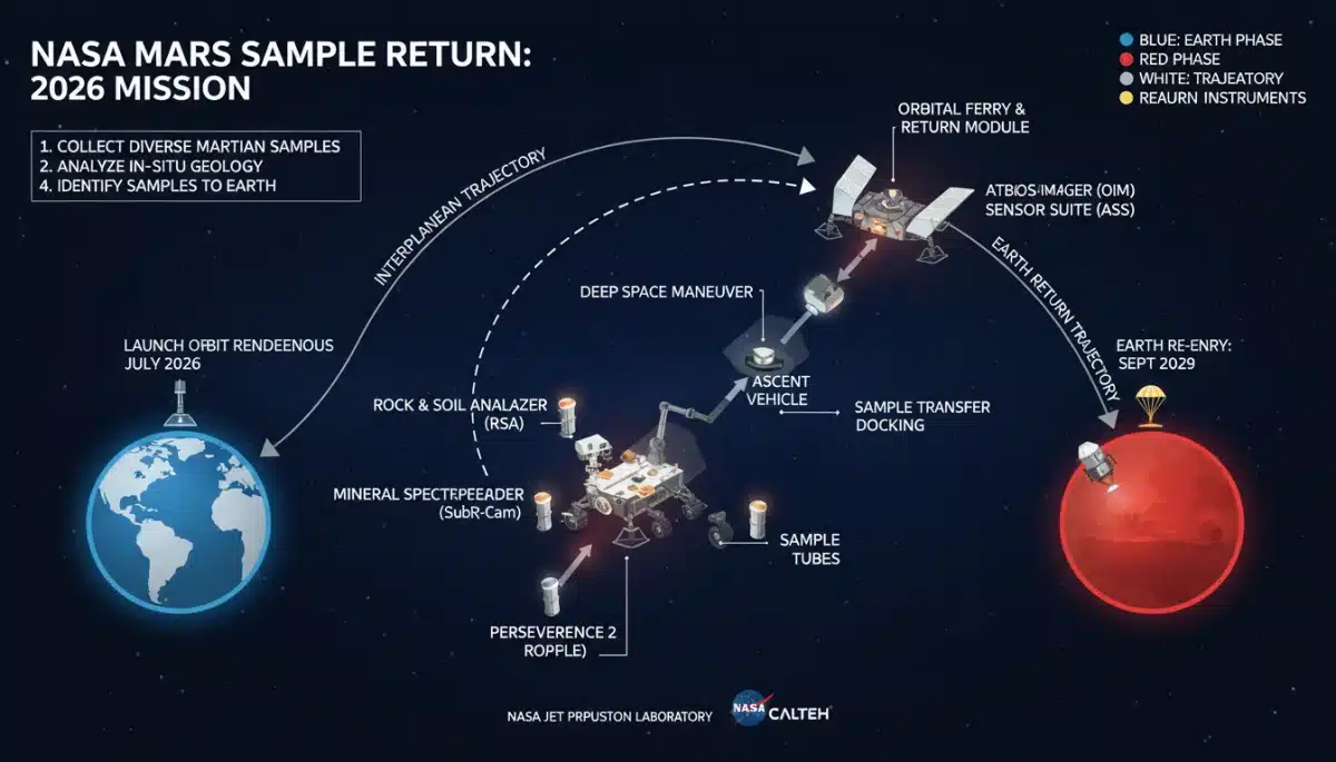 Diagram illustrating the trajectory and scientific goals of a 2026 NASA mission
