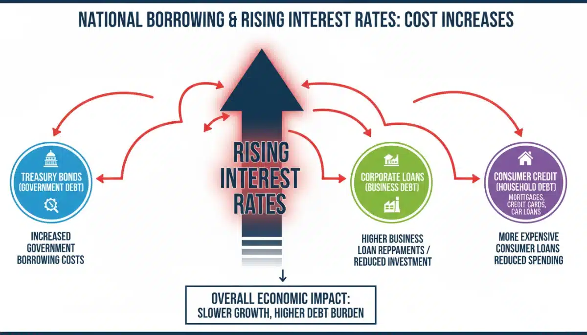 Graphic showing increased costs for national borrowing components like government bonds, corporate loans, and consumer credit due to a rate hike.