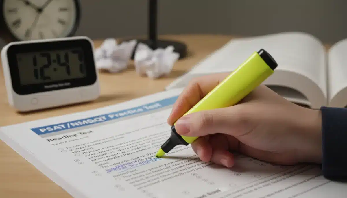 Student actively highlighting key information on a PSAT practice test.