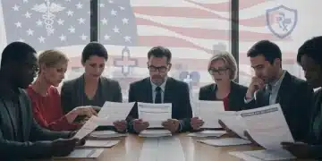 Group of diverse Americans reviewing ACA health insurance policy documents