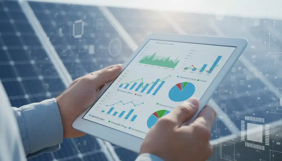 Financial charts on tablet with renewable energy and technology symbols, illustrating diversified investment strategies.