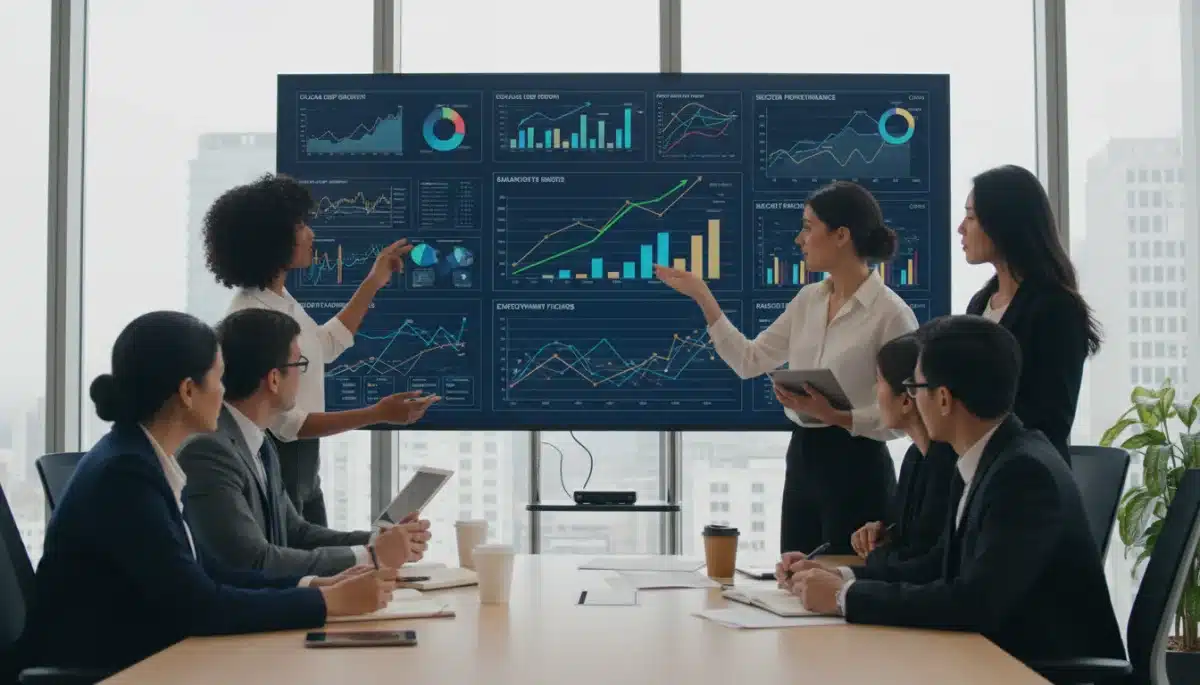 Analysts reviewing economic data and projections on a digital screen in a collaborative setting.