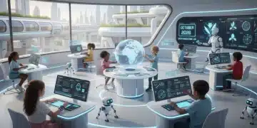 Children engaged with futuristic STEM education tools in a modern classroom setting.
