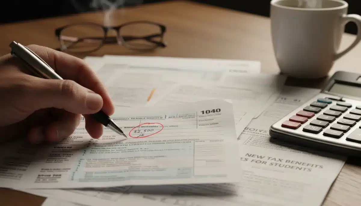 Hand highlighting a new tax deduction on a 2026 US tax form.