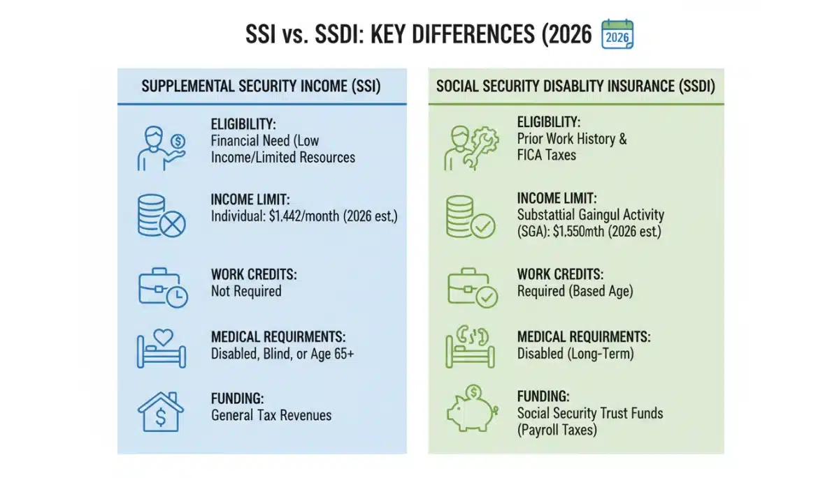 Infographic comparing SSI and SSDI program differences in 2026