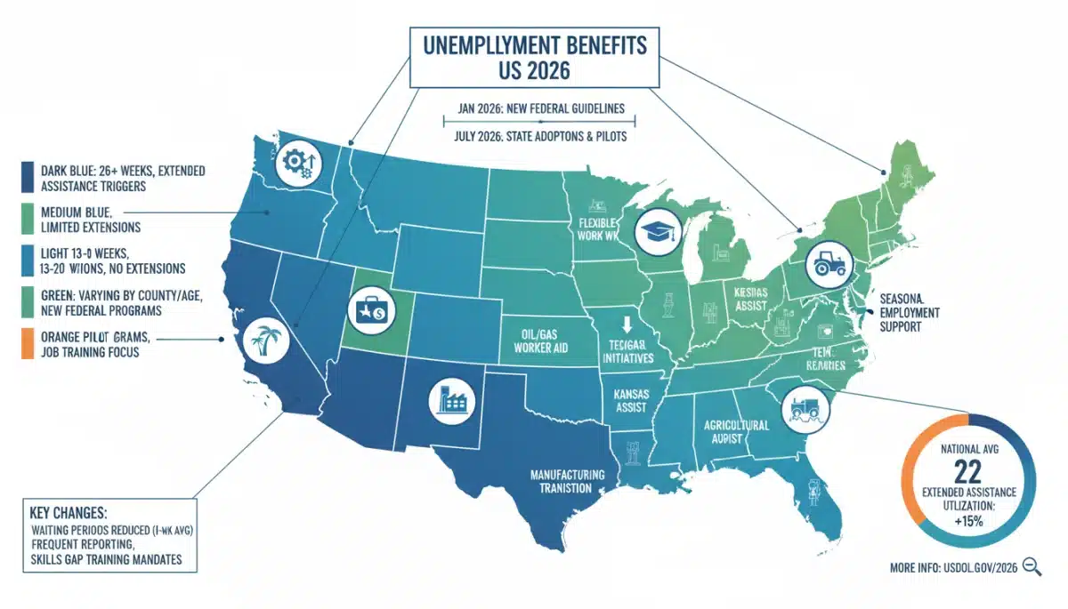 Infographic showing state-by-state unemployment benefit changes in 2026