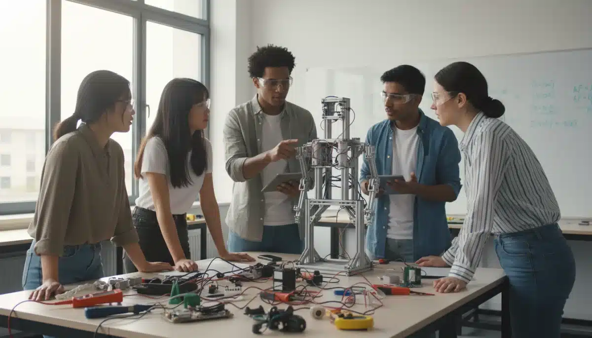 Diverse students collaborating on a robotics project in a modern STEM laboratory.