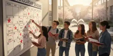 College students reviewing 2026 scholarship deadlines calendar on a vibrant campus