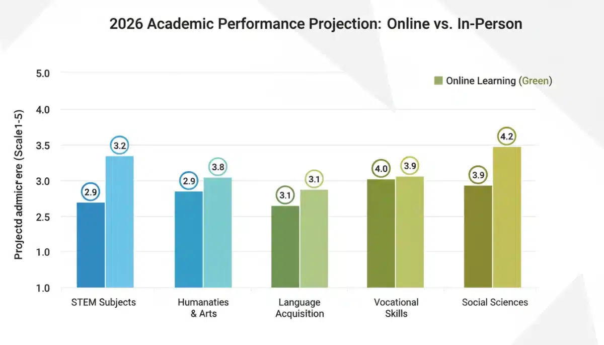 Projected academic performance comparison between online and in-person learning in 2026.