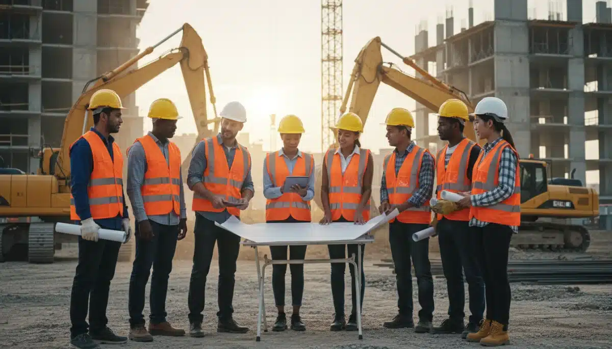 Construction workers reviewing blueprints at a site, symbolizing infrastructure project collaboration.