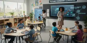 Students learning in a modern classroom with new federal curriculum standards